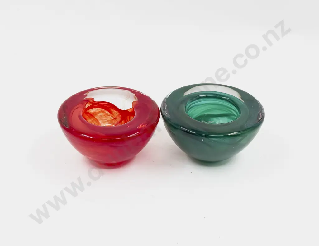 Two Unmarked Kosta Boda Glass Encased Teal and Red Table Dishes Image 1++