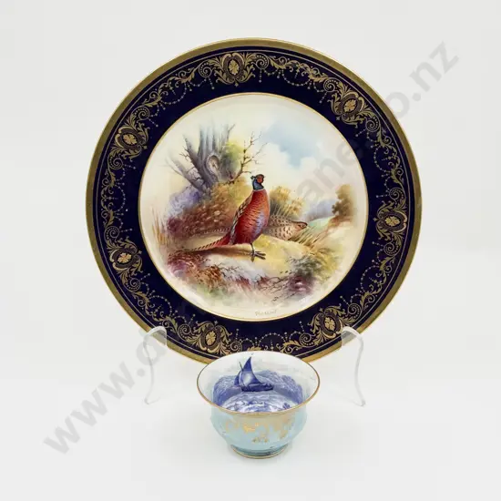 Aynsley Hand Painted Pheasant Cabinet Plate and Luster Small Bowl