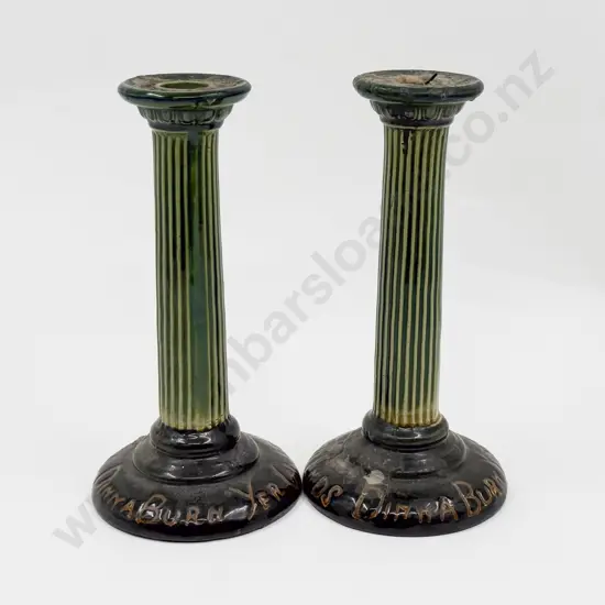 Pair Early Glazed Earthenware Candlesticks "Diniy Burn Yer Candle At Baith Ends"