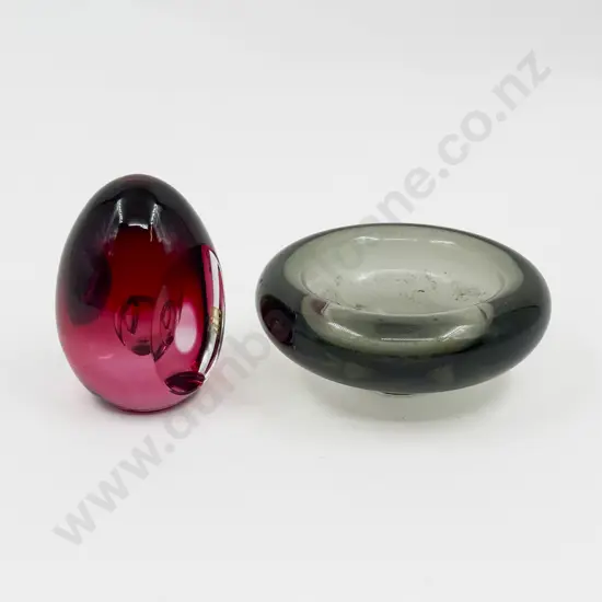 Holmegaard Smokey Glass Fold-Over Rim Dish & Kosta Egg Shape Paper Weight