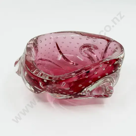 Mid C20th Murano Heavy Encased Cranberry Bubble Glass Table Bowl