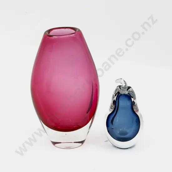 Unidentified Cranberry Encased Glass Vase & Kosta Vicke Lindstrand Pear Perfume Bottle