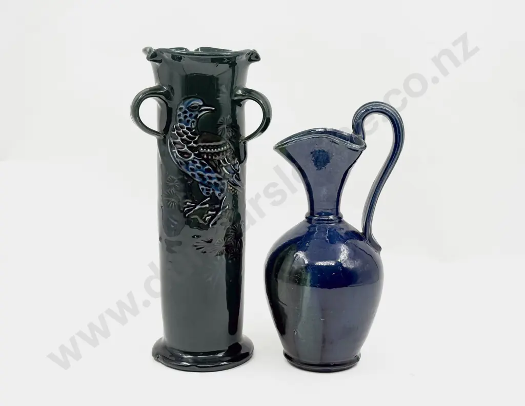 C H Brannam Exotic Bird Decorated Long Stem Vase and Ewer Image 1++