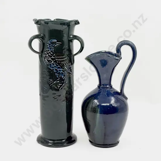 C H Brannam Exotic Bird Decorated Long Stem Vase and Ewer
