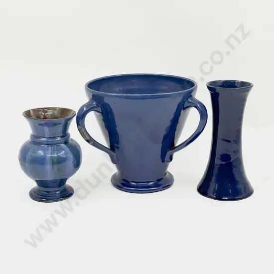 C H Brannum Barnstaple Triple Handled Vase & Two Others (some faults)
