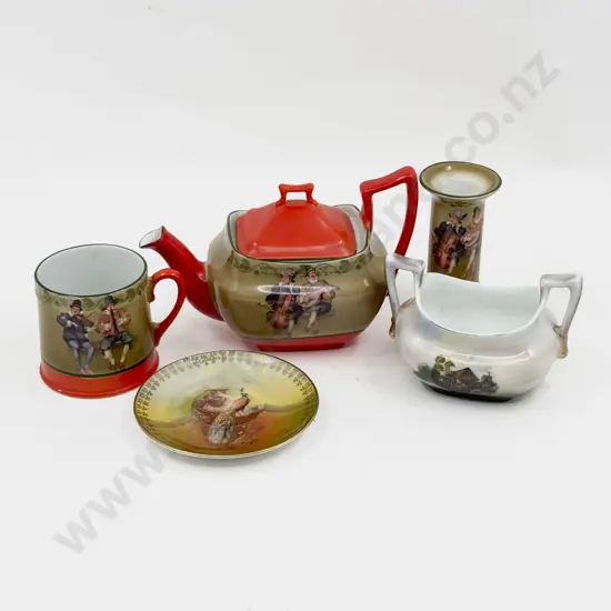 Royal Bayreuth Printed Ware Teapot Mug Candlestick With Two Other Pieces