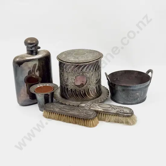 S/P Biscuit Barrel Hip Flask Planters & Pair S/S Backed Brushes