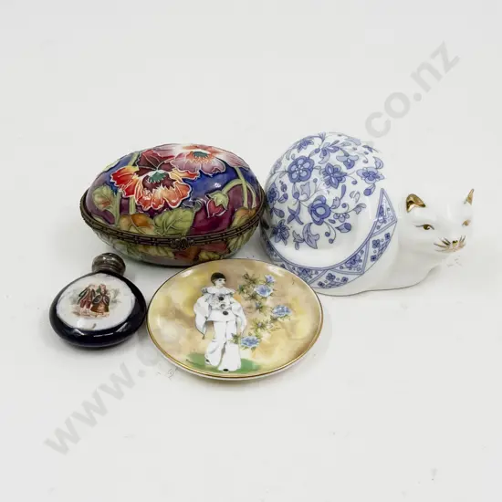 Minton Shalimar Cat Model With Coalport Dish Other Egg Trinket Box & Scent Flask