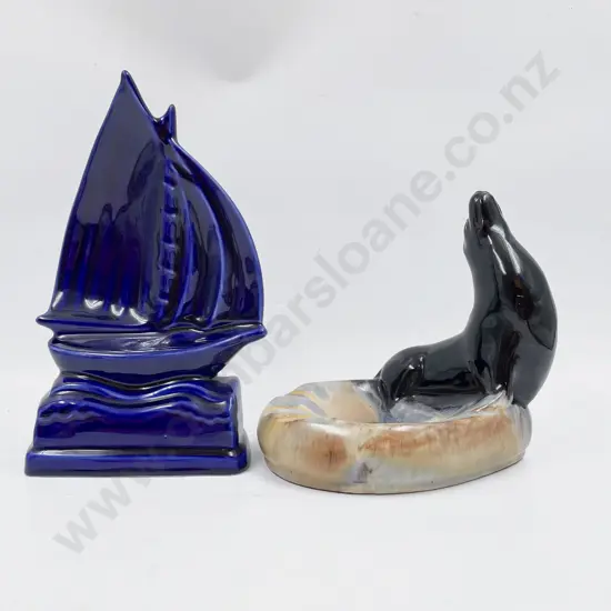 A Seal Form Soap Dish Together with Glazed Boat Ornament