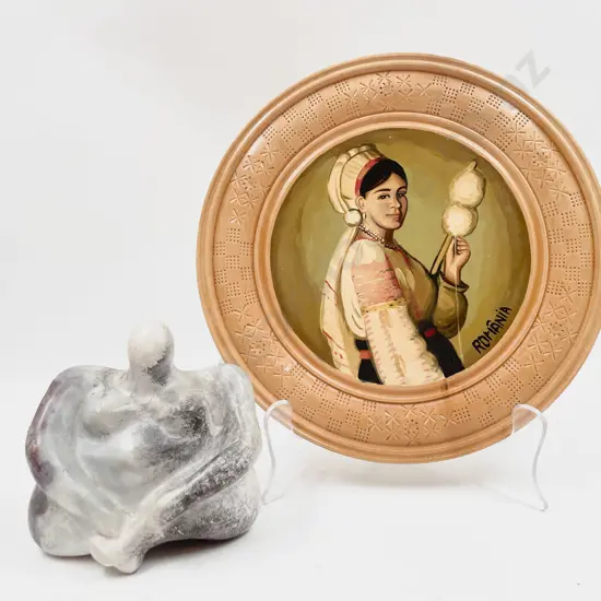 Seated Pottery Figure & Turned Wood Plate