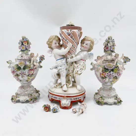 Pair of German Fancy China Lidded Vases Together with Other (Faults)