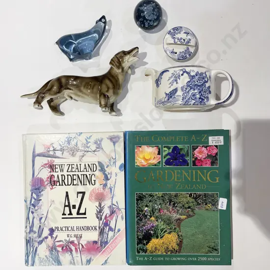 Quantity of Assorted including Art Glass with Dog Ornament & Two Gardening Books