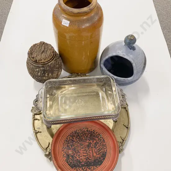 Box Quantity of Assorted including Heavy Brass Tray Stoneware Crock Etc
