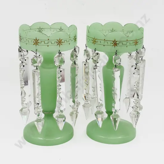 Pair of Green Glass Lustres with Cut Glass Drops
