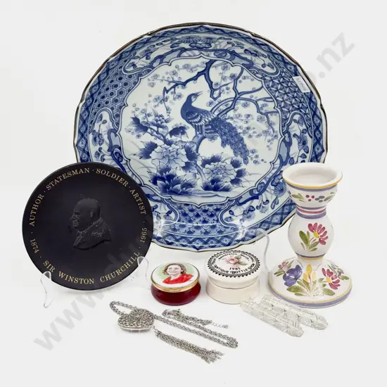 Large Blue & White Shallow Bowl & Assorted