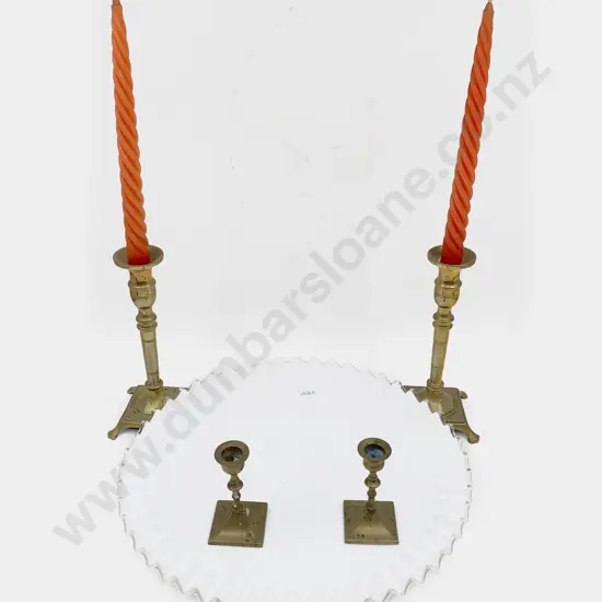 Decorative Glass Pedestal Tray & Two Pairs of Brass Candlesticks