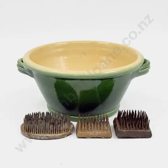 French Country Collection Handled Bowl & Three Flower Frogs