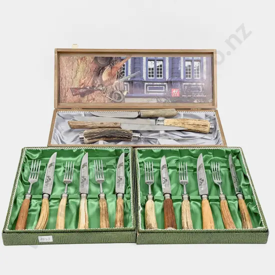 Horn Handled Carving Set Together with Two Boxed Horn Handled Steak Knife Sets