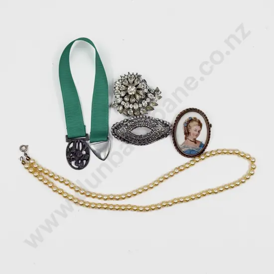 Single Strand Imitation Pearl Necklace Three Brooches and Bookmark