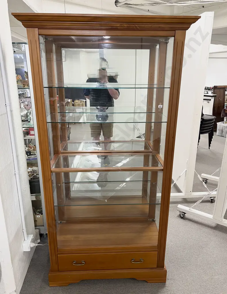 Modern Wood Framed Glazed Display Cabinet Glass Shelves with Lights - side open doors on drawer base Image 1++