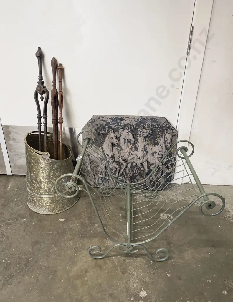 Coal Bin with Assorted Fire Tongs etc Image 1++