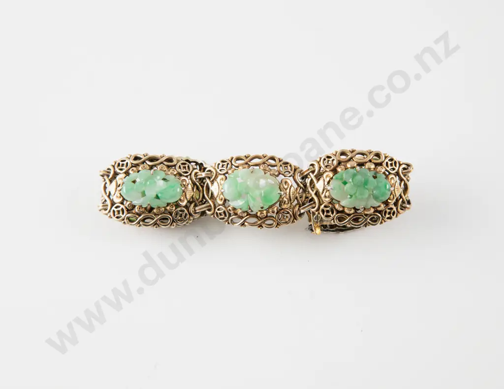 Carved Apple Green Jade Silver Gilt Panel Bracelet Image 1++