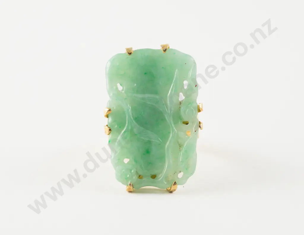Silver Gilt Carved Chinese Mutton Fat Jade Dress Ring Image 1++