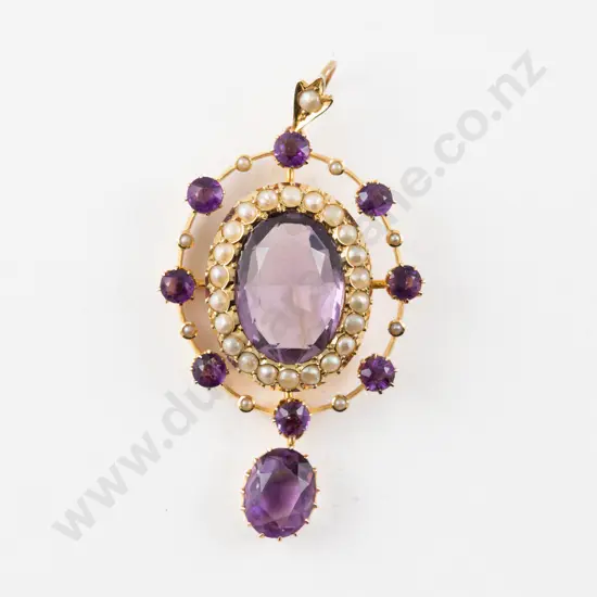 Victorian 15ct Amethyst and Seed Pearl Cluster Pendant