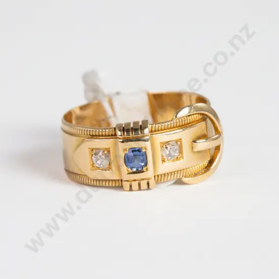 18ct Three Stone Sapphire and Diamond Buckle Ring