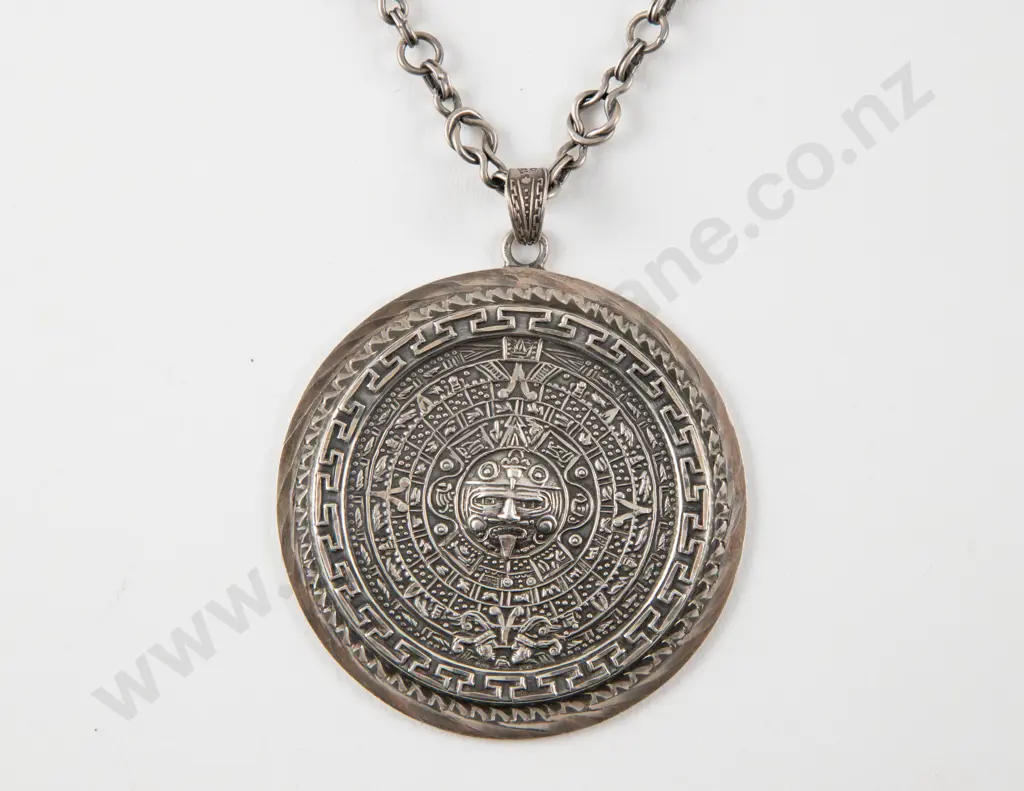 Mexican .925 Silver Aztec Calendar Pendant Image 1++