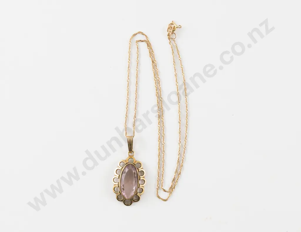 9ct Fancy Link Neck Chain and Gold Plated Amethyst Glass Pendant Image 1++