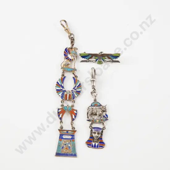 Two .800 Silver and Enamel Egyptian Charms with Brooch