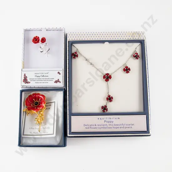 Two Silver Plated Poppy Brooches and Necklace