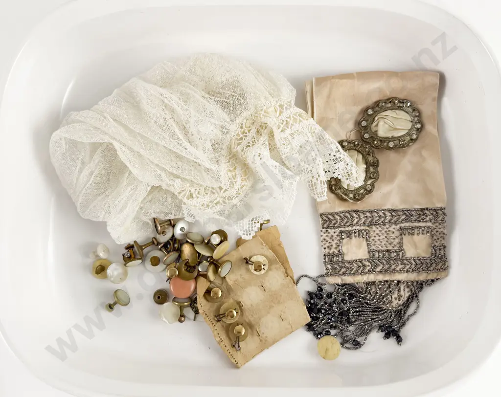 Victorian Lace Ladies Night Bonnet Art Deco Beaded Evening Purse Pair Shoe Buckles and Various Studs Image 1++