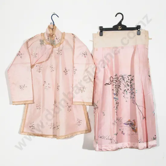 Antique Cantonese Embroidered Pink Silk Jacket and Skirt
