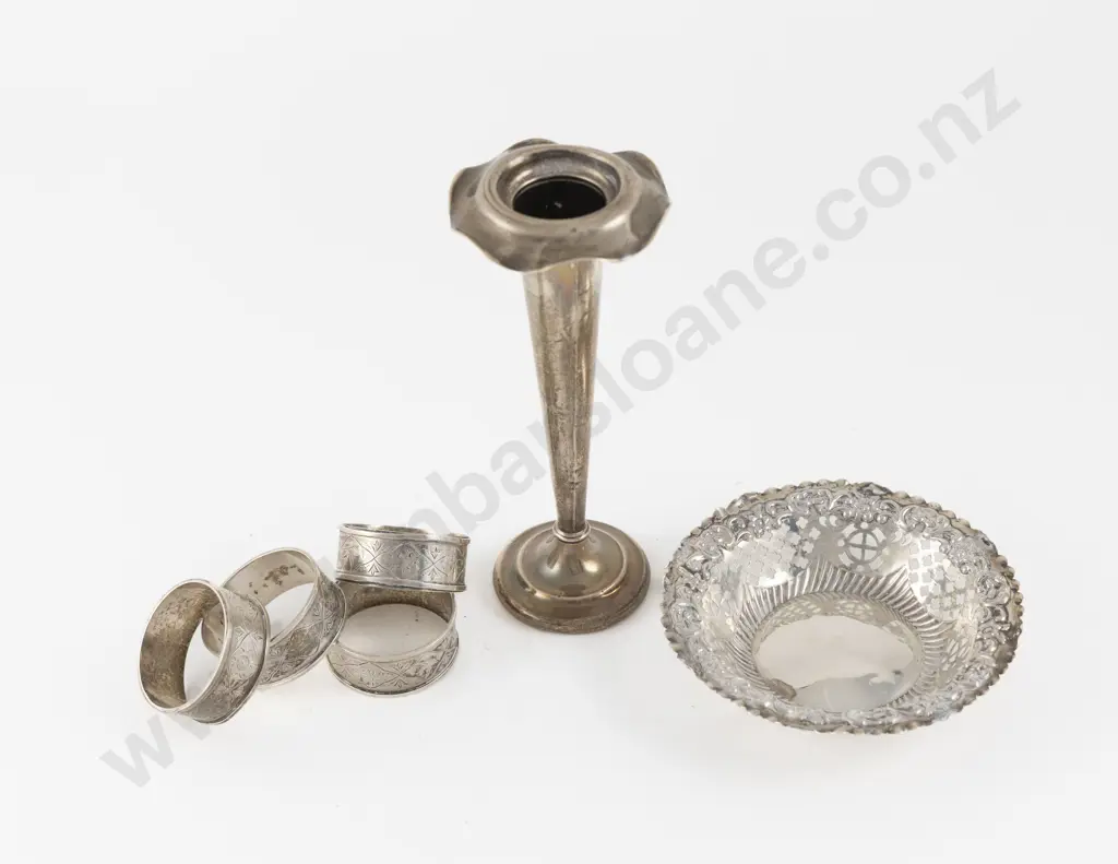 S/S Specimen Vase Bon Bon Dish & Set Of 4 Circular Napkin Rings Image 1++