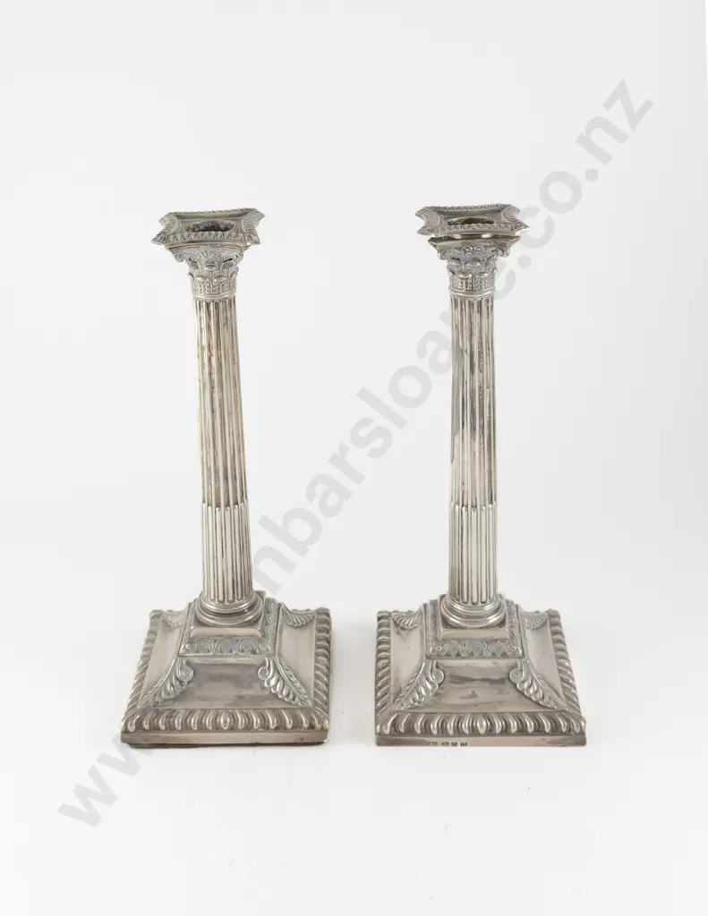 Pair Geo II S/S Corinthian Column Table Candlesticks Image 1++