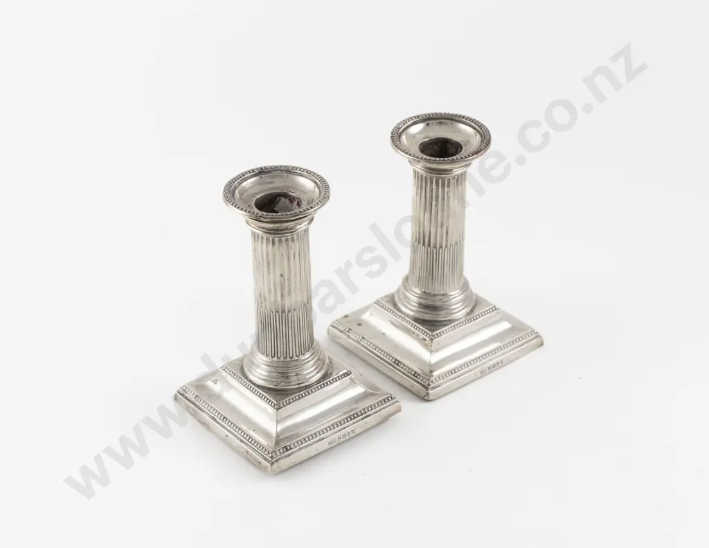 Pair Small Vict S/S Doric Column Candlesticks Image 1++
