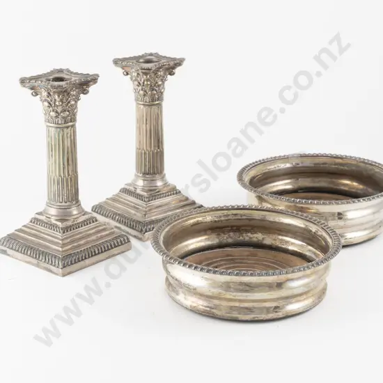 Pair S/P Corinthian Column Candlesticks & Pair Wine Coasters