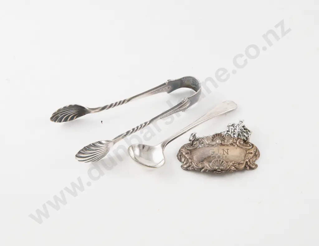 Vict S/S Mustard Spoon Gin Decanter Label & Pair Sugar Tongs Image 1++