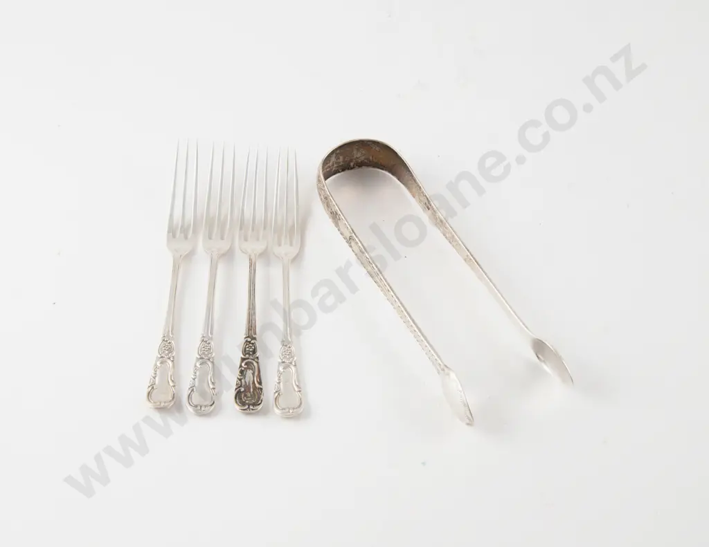 Pair Of Georgian S/S Sugar Tongs & 4 Cake Forks Image 1++