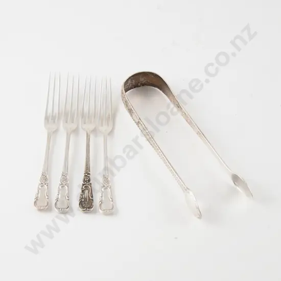 Pair Of Georgian S/S Sugar Tongs & 4 Cake Forks