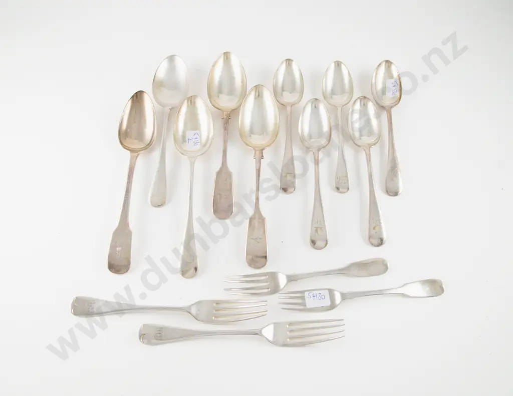 Geo III S/S Tablespoon, Pair Scottish S/S Dessert Forks, 9 S/P TablespoonS & Pair S/P Table Forks Image 1++