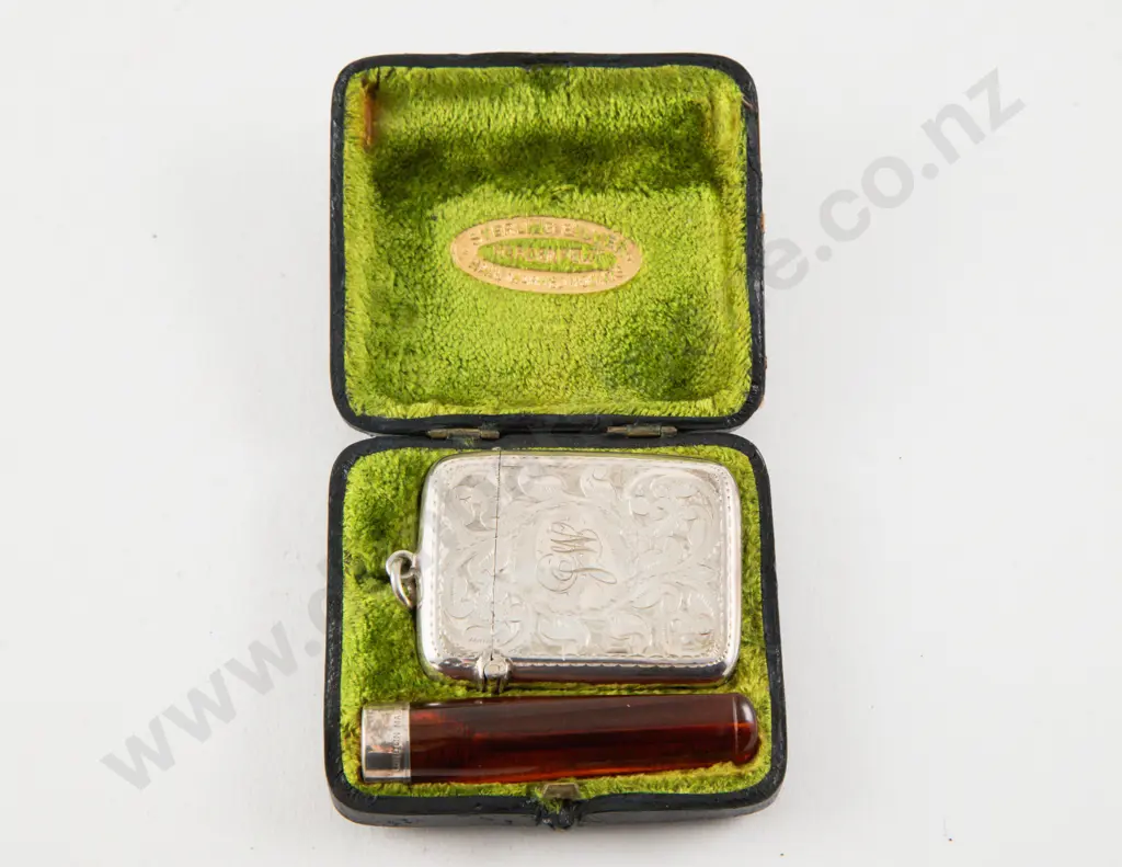 Edwardian S/S Engraved Vesta Case And Cigarette Holder Image 1++