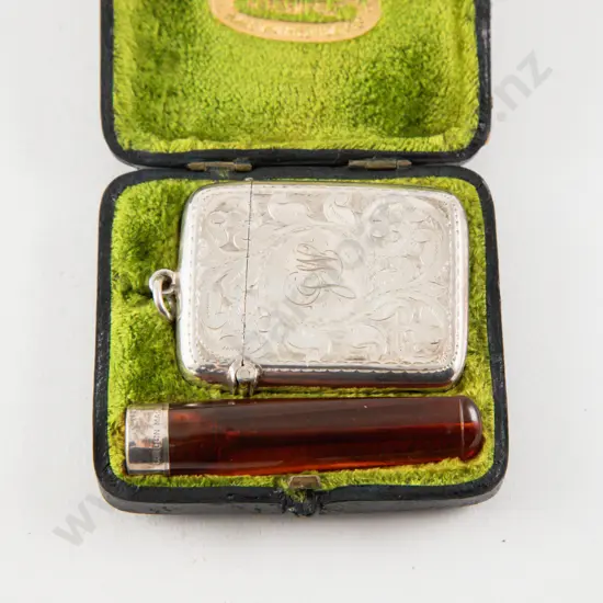Edwardian S/S Engraved Vesta Case And Cigarette Holder