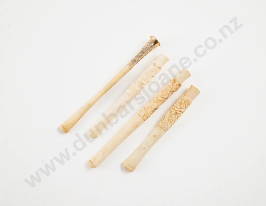 Three Carved Bone Cigarette/Cheroot Holders and Carved Ivory with Gold Plated Rim Image 1++