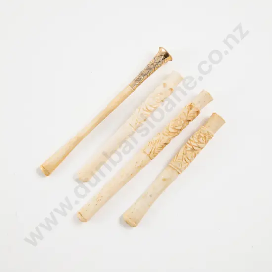 Three Carved Bone Cigarette/Cheroot Holders and Carved Ivory with Gold Plated Rim
