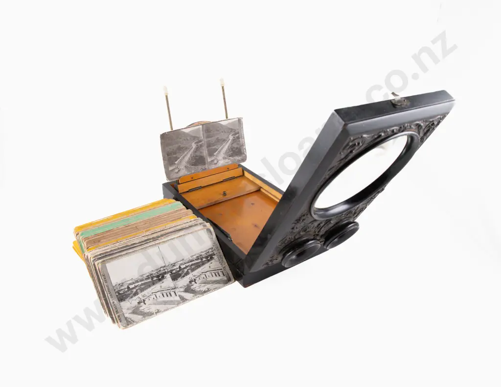 Victorian Ornately Decorated Ebonized Case Tabletop Stereoscope with Cards Image 1++