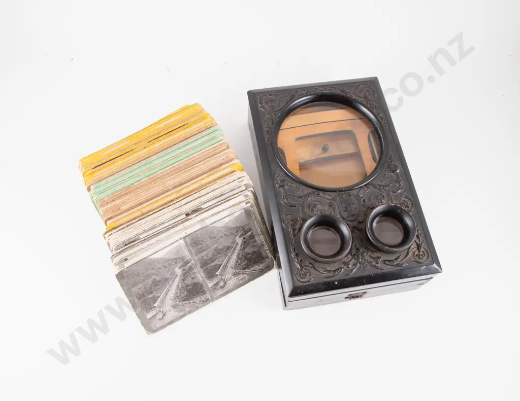 Victorian Ornately Decorated Ebonized Case Tabletop Stereoscope with Cards Image 1++