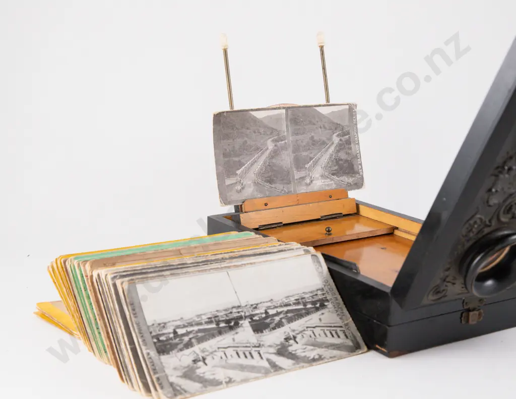 Victorian Ornately Decorated Ebonized Case Tabletop Stereoscope with Cards Image 1++
